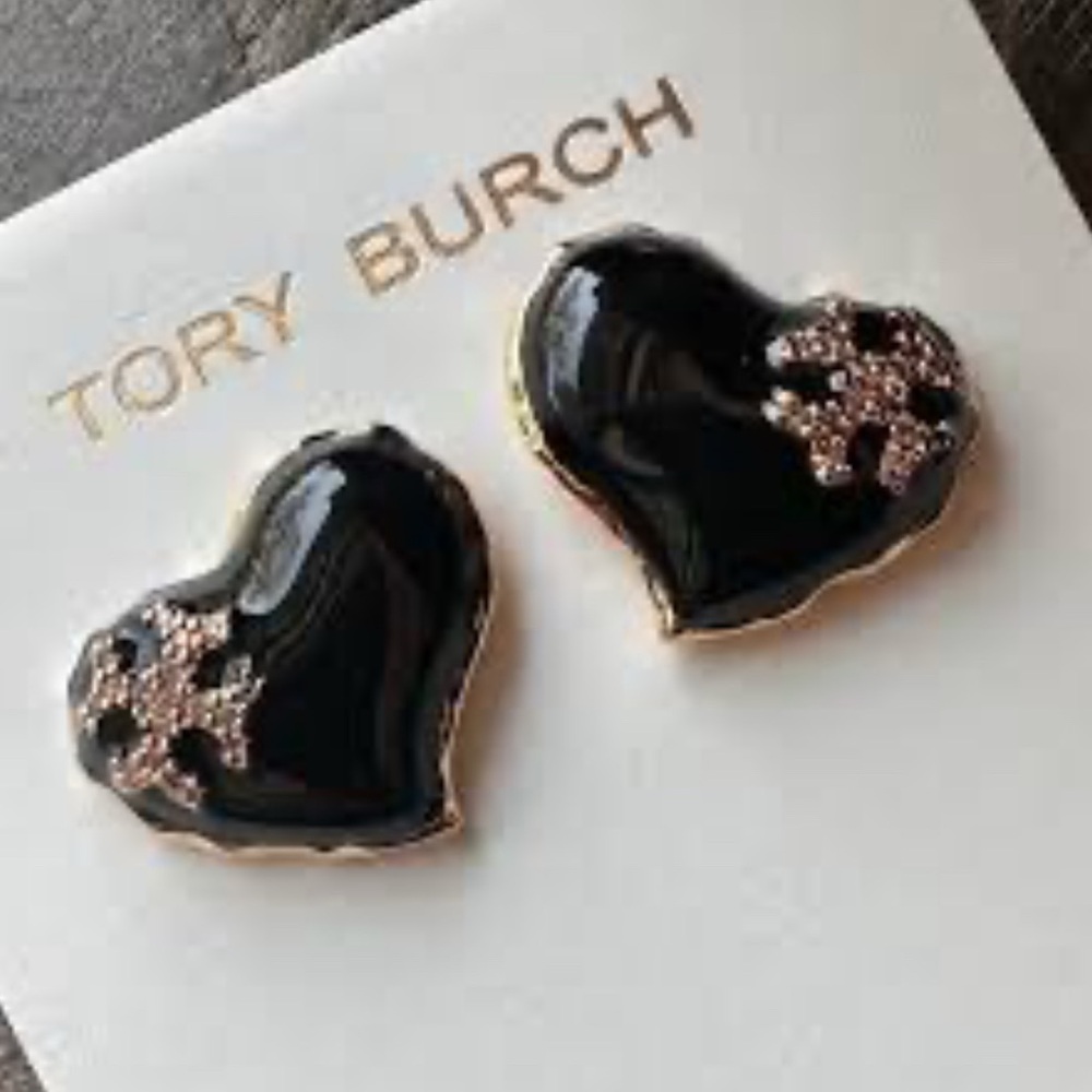 Tory Burch Black Enamel & Gold Heart Studs NWT - Picture 2 of 5